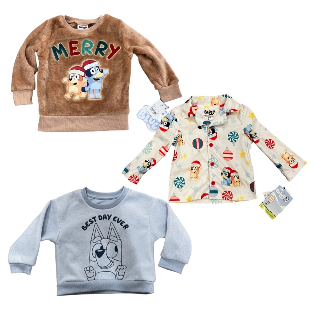 NEW Bluey Bingo Bundle Plush Fleece Pullover Shirt & Pajama Button Down Sz 2T